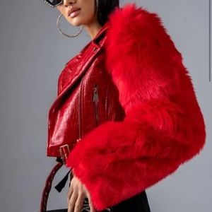 Red Nola Faux Fur Arms Croc Moto Jacket